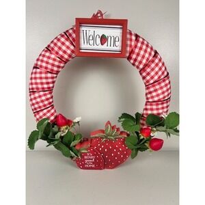 Strawberry Welcome Wreath Red Gingham Door Decor Standing Cottagecore 14.5 in